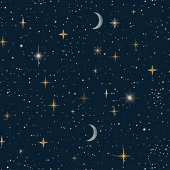 Wall Mural - elegant celestial pattern with gold crescent moons and stars on a dark blue background, creating a l