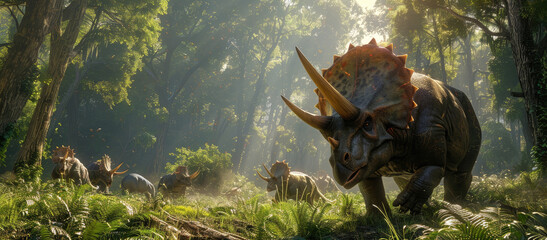 Poster - Triceratops Group in Prehistoric Jungle