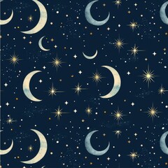 Wall Mural - elegant celestial pattern with gold crescent moons and stars on a dark blue background, creating a l