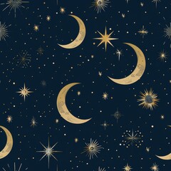 Wall Mural - elegant celestial pattern with gold crescent moons and stars on a dark blue background, creating a l