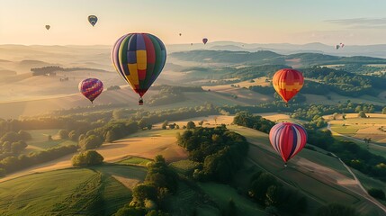 Multicolored hot air balloons soaring over rolling hills, breathtaking aerial view.