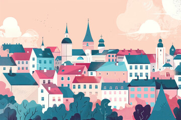 Risograph print travel poster illustration of Tallinn, Estonia, modern, isolated, clear, simple. Artistic, stylistic, screen printing, stencil, stencilled, graphic design. Banner, wallpaper
