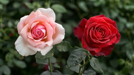 Two tone roses in the garden: blooming pink and red rose