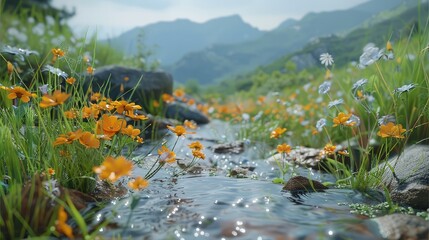 Poster - A small stream, flowers surrounding, behind the mountain view, morning time. Generative AI.
