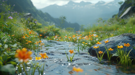 Poster - A small stream, flowers surrounding, behind the mountain view, morning time. Generative AI.