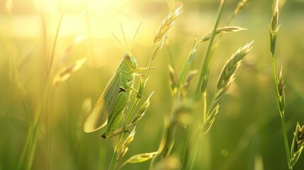 Wall Mural - A grasshopper climbing a tall grass stem, with a blurred meadow background