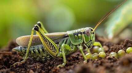 Wall Mural - A grasshopper laying eggs in the soil, captured in a natural reproductive behavior