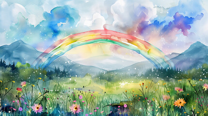 watercolor painting of magical meadow garden landscape with flowers mountain and rainbow over it