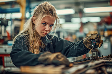 Wall Mural - A female mechanic with blonde hair, working under the hood of a silver car in a well-lit automotive workshop, wearing a black jumpsuit and protective gloves. Generative AI.