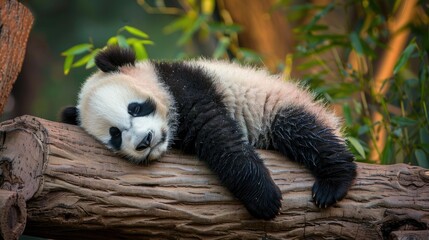 Wall Mural - Baby panda cub napping on a tree trunk