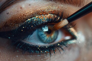 Wall Mural - A close-up image of an eye with detailed makeup application, featuring glittery golden and blue eyeshadow, emphasizing the intricate details and colors