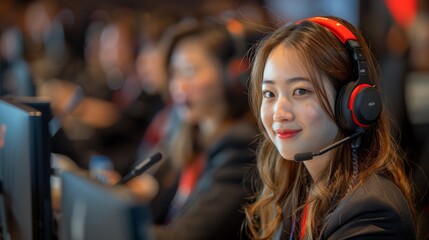 Wall Mural - A young woman with long hair wearing a headset with a microphone, sitting at a computer workstation, smiling and looking directly at the camera in a professional, technology-focused environment