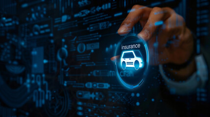 Aufkleber - Hand interacts with a holographic display showing a car insurance icon