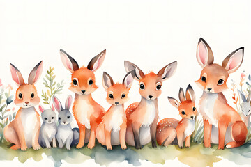 Wall Mural - a group of baby animals, such as a bunny, fox, and deer, arranged along the bottom edge, with the rest of the background left light and open for copy