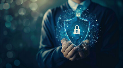 Poster - Business professional holding holographic shield with padlock symbol, representing data security