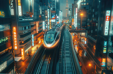 Aufkleber - A high-speed train passing through the streets at a 30 degree angle, surrounded by skyscrapers. an atmosphere of advanced technology and urban life. Generative AI.