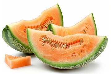 Wall Mural - High-resolution close-up of sliced ripe cantaloupe melon with vibrant orange flesh and visible seeds, showcasing its fresh and juicy texture perfect for a refreshing summer treat