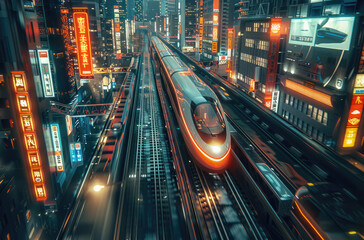 Aufkleber - A high-speed train passing through the streets at a 30 degree angle, surrounded by skyscrapers. an atmosphere of advanced technology and urban life. Generative AI.