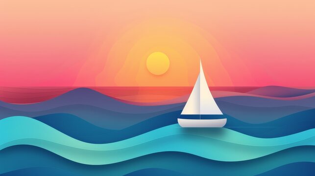 Gradient illustration of a sailboat drifting on a serene ocean, sunset hues blending into the horizon, gentle waves reflecting the gradient sky, a sense of calm and adventure