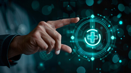 Poster - Close-up of a hand using advanced medical interface to represent cutting-edge healthcare technology