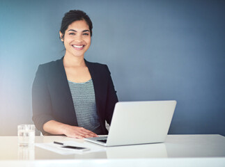 Poster - Office, portrait and business woman with laptop for typing, research and article info. Self employed, female journalist and copywriting with computer for remote work, blog post and freelancer