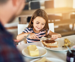 Poster - Breakfast, bread and daughter with dad, smile or morning in kitchen, butter and dining table in home. Healthy, father and food of family, child and man in house, eating and bonding with love together