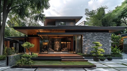 This small minimalist one-story wooden house is located in Bangkok, Thailand. The exterior design is a modern minimalist architectural style with stone walls. Generative AI.