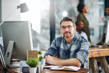 Poster - Office, journalist or business man in portrait for work, planning and editor for creative agency. Male employee, content writer and notebook, monitor and ideas of copywriting for publication website