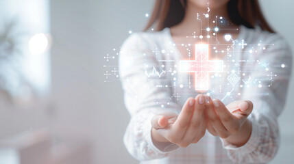 Aufkleber - Mysterious woman points to a luminous hologram of digital icons and charts