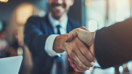 Poster - Close-up of a firm handshake between professionals with a smiling businessman in the background