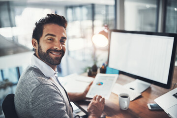Poster - Businessman, portrait and tablet for online research with web design and software development for seo project in office. Designer guy, tech and internet for check website traffic and algorithm review