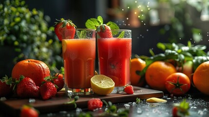 Wall Mural - Vibrant red orange beverage in glasses garnished with fresh mint and strawberry amidst a selection of fruits