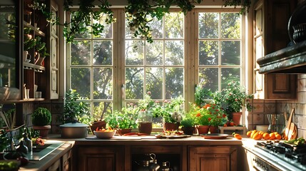 beautiful view of sunlit kitchen garden through a large bay window bringing nature freshness into the cooking area