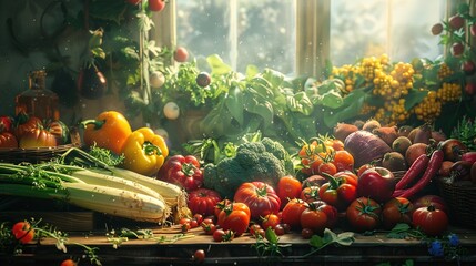 Wall Mural - A table full of fresh vegetables including tomatoes, broccoli, and peppers