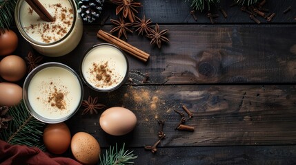 Sticker - Creating traditional eggnog Ingredients include eggs milk cinnamon and whiskey displayed on a dark wooden surface with space for text viewed from above