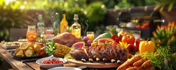 Wall Mural - A table full of food with a variety of meats, vegetables, and fruits, barbecue grill, bbq background.