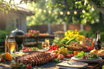 Wall Mural - A large table is set with a variety of food, including meat, vegetables, barbecue grill, bbq background.