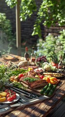 Wall Mural - A table is set with a variety of food, including meat, vegetables, and fruit, barbecue grill, bbq background.