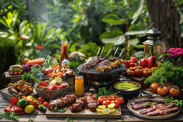 Wall Mural - A table is covered with a variety of food, including meat, vegetables, and fruit, barbecue grill, bbq background.