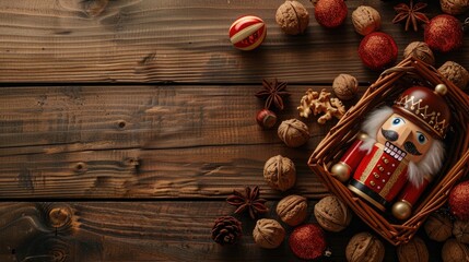 Wall Mural - Aerial view of nutcracker and basket with nuts on wooden background Ample empty space