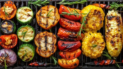 Grilled Vegetables: A colorful assortment of vegetables, including bell peppers, zucchini, and corn, arranged on a grill.