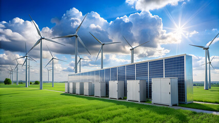 Modern battery energy storage system with wind turbines and solar in grass fields