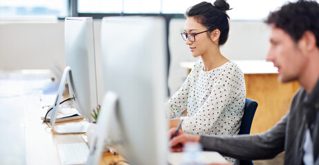 Poster - Woman, man and creative agency in office with computer for internet, planning and web design. People, tech and research for editing project in workplace with target audience, graphic or writing notes