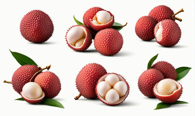 Wall Mural -  Lychee litchi lichee fruit, many angles and view side top front group peel halved isolated on white background cutout. Mockup template for artwork graphic design 