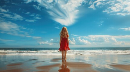 Wall Mural - A young girl, in a red dress, stood barefoot on the beach, with the sea and the blue sky in front of her