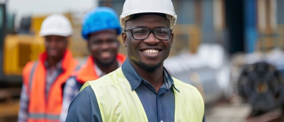 Wall Mural - A project manager smiling, guiding the team across the bustling construction site with confidence and camaraderie