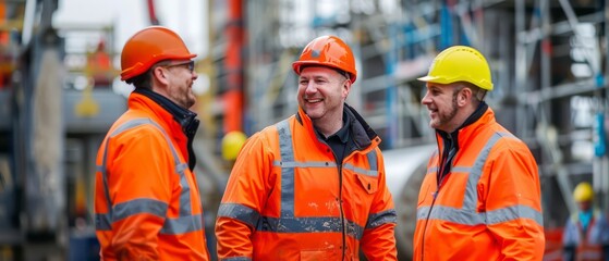 Wall Mural - A project manager smiling, guiding the team across the bustling construction site with confidence and camaraderie