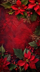 Aufkleber - A red background with a red flower and green leaves