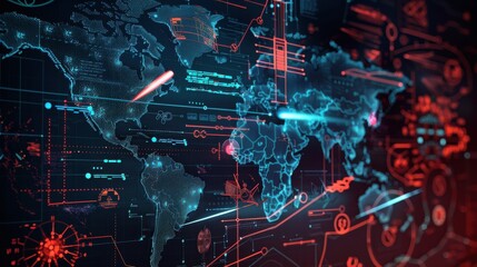 Poster - A computer screen shows a map of the world with a red line on it. The map is filled with various symbols and lines, giving the impression of a complex and interconnected system