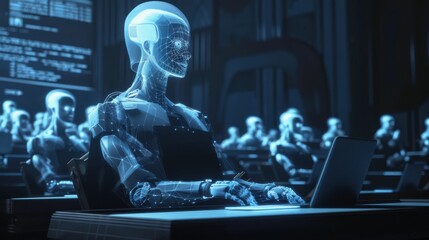 Aufkleber - A robot is sitting at a desk with a laptop in front of it. The robot is surrounded by other robots, all of which are also using laptops. The scene is futuristic and technological